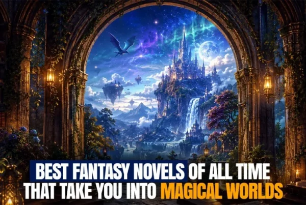 Best fantasy novels of all time featured image showing a magical castle, fantasy library, glowing sky, dragon, and enchanted world beyond an ancient archway.