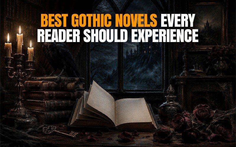 Best gothic novels scene with candlelit books, raven, dark roses, and haunted mansion view, representing must-read Gothic fiction for readers who enjoy eerie stories.