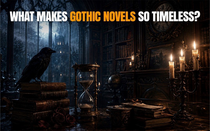 Dark Gothic library scene with old books, candles, raven, hourglass, and stormy window, showing what makes gothic novels timeless and atmospheric.