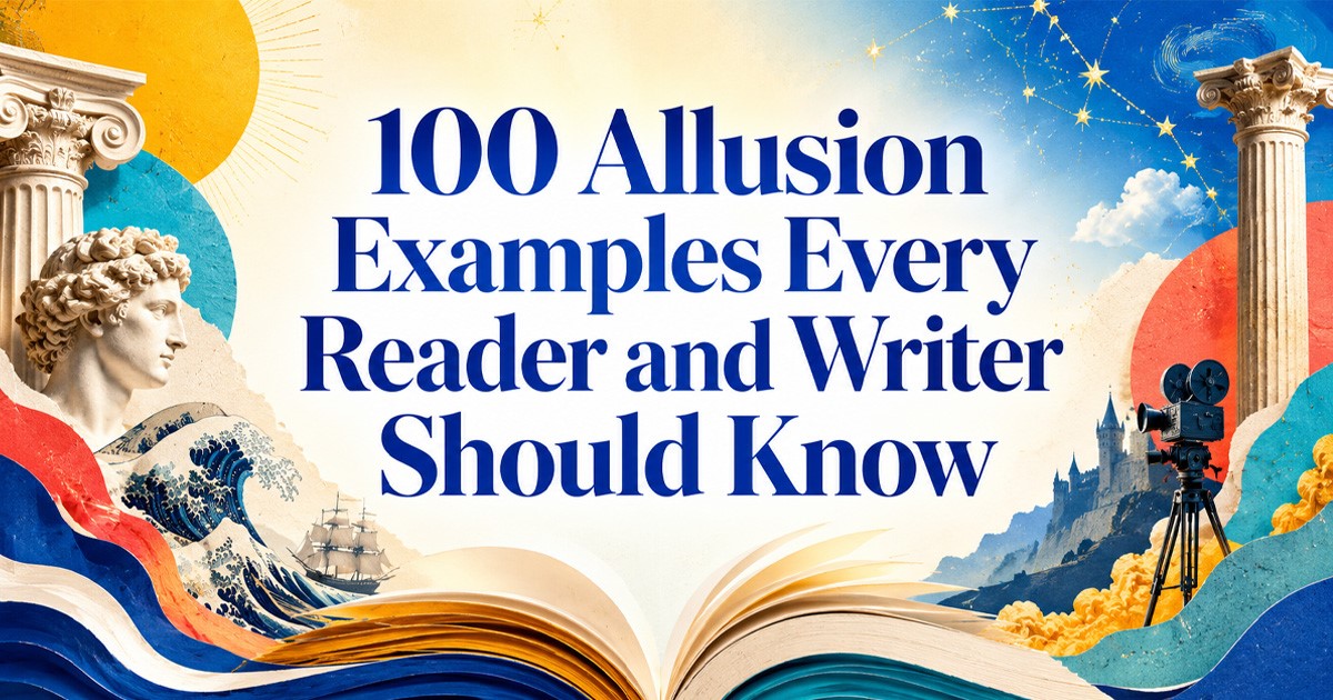 100 allusion examples from literature and pop culture illustrated with an open book, classical imagery, and film references