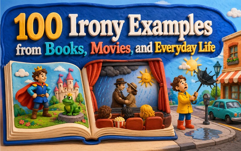 100 irony examples from books, movies, and everyday life illustrated through storybook, cinema, and unexpected weather scenes.