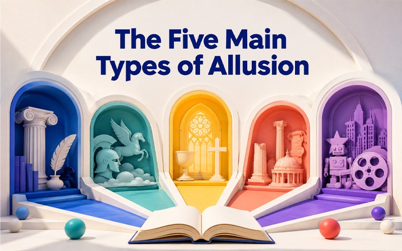 Five main types of allusion illustrated with literary, mythological, religious, historical, and pop culture symbols.