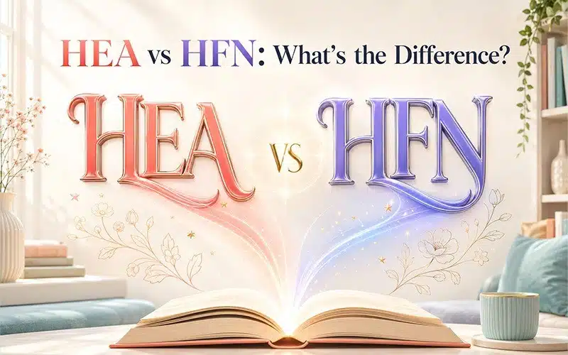 HEA vs HFN difference in romance books, illustrated with an open book and contrasting HEA and HFN text.