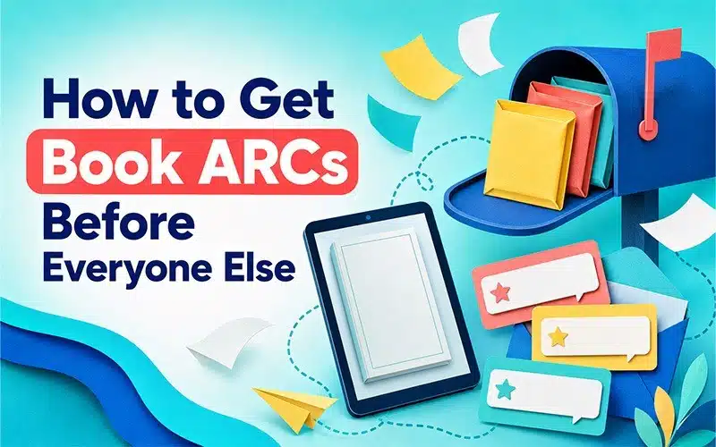How to get book ARCs before release, illustrated with advance reader copies, an e-reader, a mailbox, and review symbols.