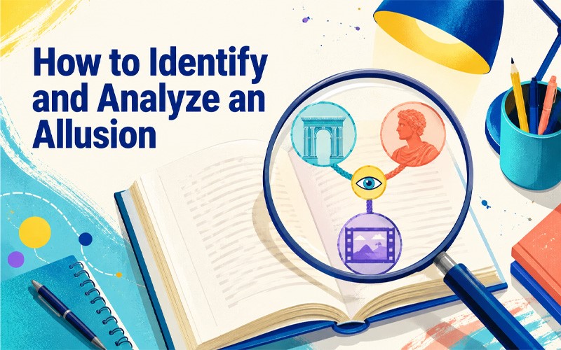 How to identify and analyze an allusion using an open book, magnifying glass, and cultural reference symbols.