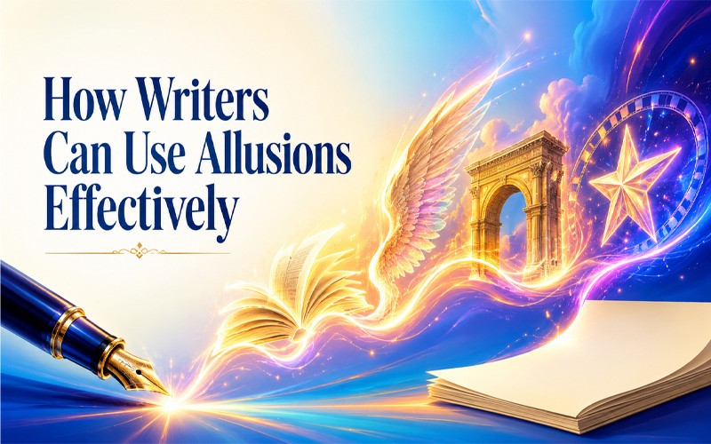 How writers can use allusions effectively, illustrated with a fountain pen, open books, and symbolic references emerging from a story.