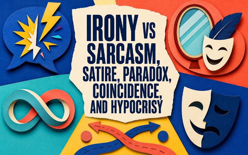 Irony vs sarcasm, satire, paradox, coincidence, and hypocrisy illustrated with masks, symbols, and contrasting paths.