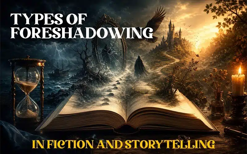 Types of foreshadowing in fiction and storytelling illustrated through an open book, hourglass, mysterious mirror, raven, and distant castle