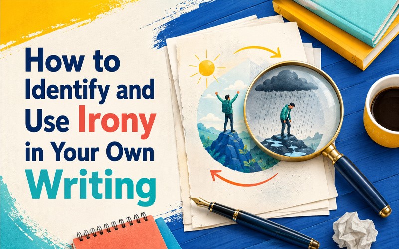 Visual illustration of irony in writing, showing a contrast between a sunny scene and a rainy scene under a magnifying glass.