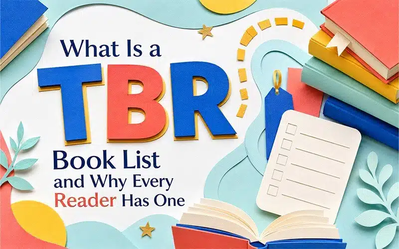 What is a TBR book list with stacked books, an open book, and a reading checklist.