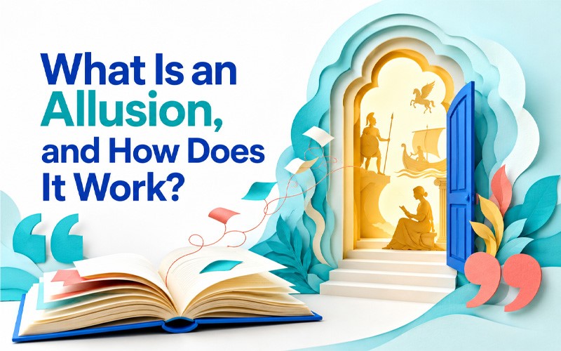 What is an allusion and how it works, illustrated with an open book and references to mythology and literature.