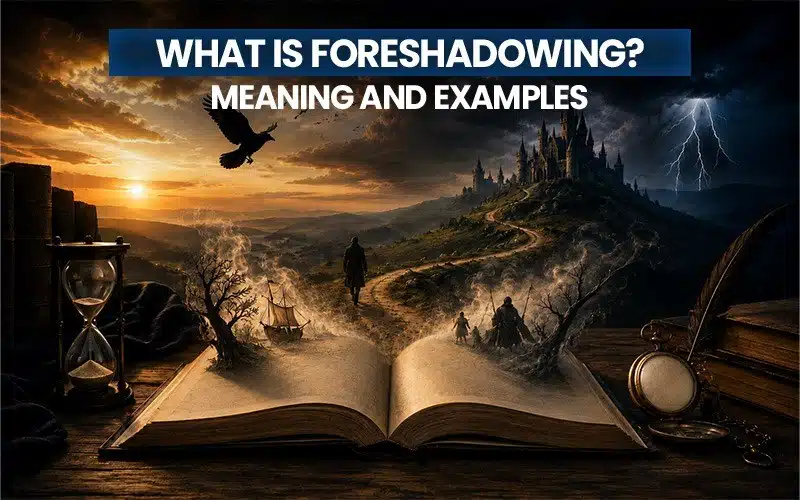 What is foreshadowing with meaning and examples illustrated through an open book, mysterious clues, and a stormy castle