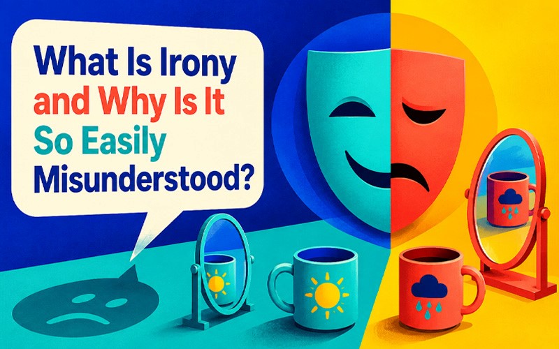 What is irony and why it is misunderstood, illustrated with contrasting masks, reflections, and weather symbols