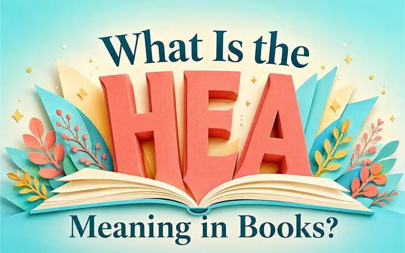What is the HEA meaning in books, illustrated with an open book and decorative leaves.