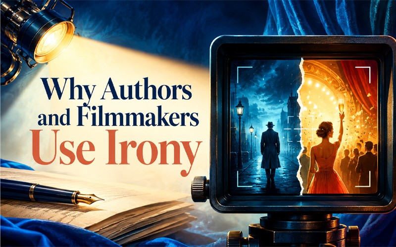 Why authors and filmmakers use irony, illustrated with a manuscript and contrasting dramatic film scenes.