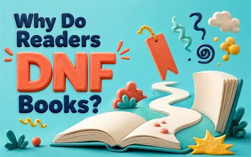 Why readers DNF books, illustrated with an open book, bookmark, and question symbols.