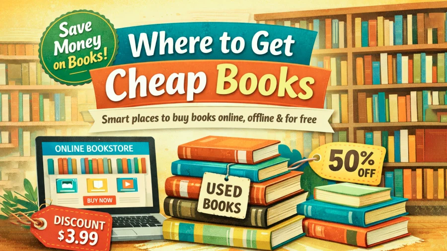 Affordable books from online stores, used book stacks and library options for where to get cheap books.