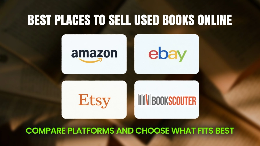 Amazon, eBay, Etsy, BookScouter and Decluttr showing best places to sell used books online