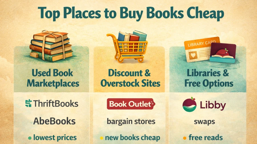 Cheapest places to buy books online including used book marketplaces, discount sites and libraries.