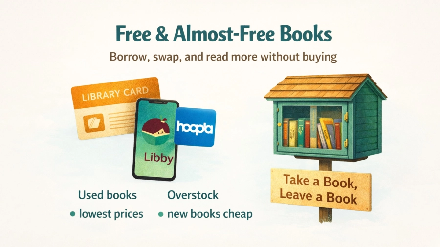 Free and almost-free reading options like libraries, Libby app and community book swaps for getting books cheap.