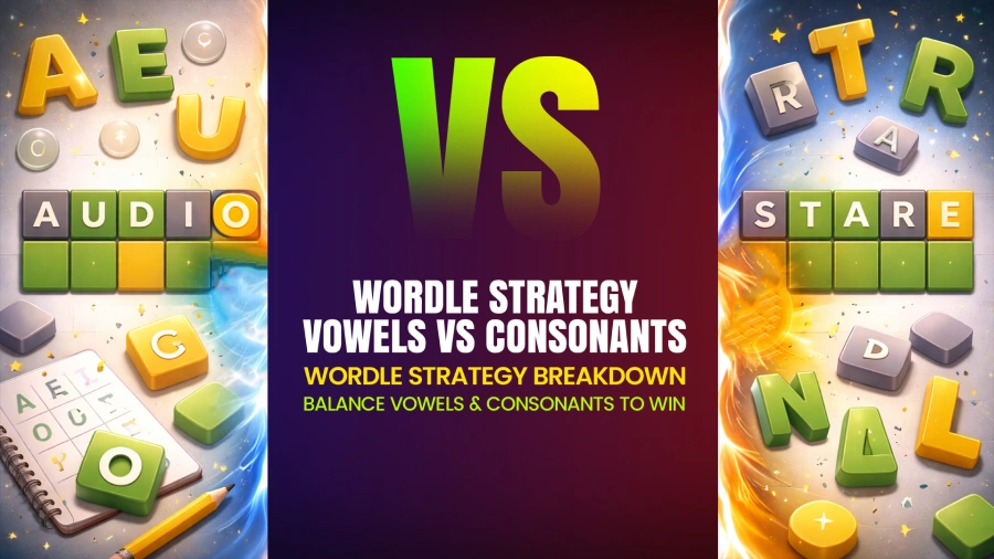 Split graphic comparing Wordle strategy with vowel-heavy word AUDIO and consonant-balanced word STARE.