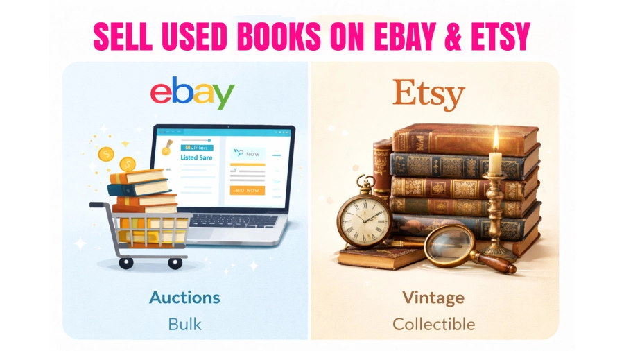 Split image comparing selling used books on eBay auctions and Etsy vintage marketplace