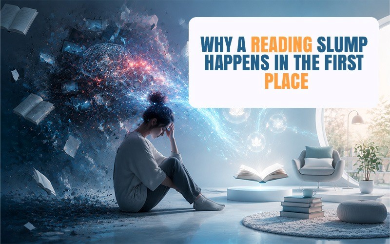 A stressed reader sitting on the floor with head in hands, symbolizing mental burnout and reading slump, contrasted with a calm modern reading space and glowing book elements illustrating why reading slump happens.