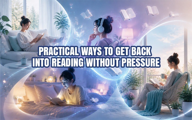 Collage of multiple cozy reading scenes showing people reading in relaxed environments, representing practical ways to get back into reading without pressure and rebuild reading habits naturally.