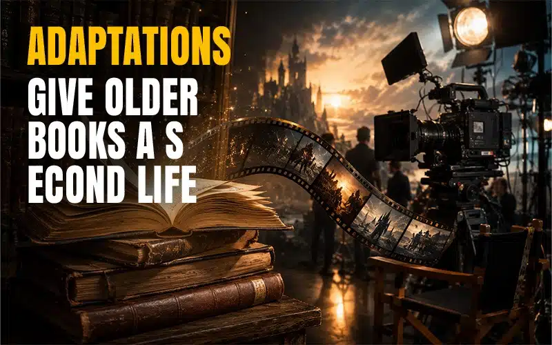 Film production set beside classic books, illustrating how book-to-screen adaptations give older books a second life and introduce them to new generations of readers.