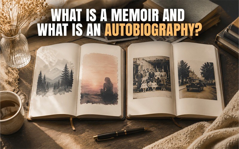 Open books displayed on a wooden desk with vintage-style photographs inside, alongside coffee and writing tools, with bold overlay text reading “What Is a Memoir and What Is an Autobiography?”