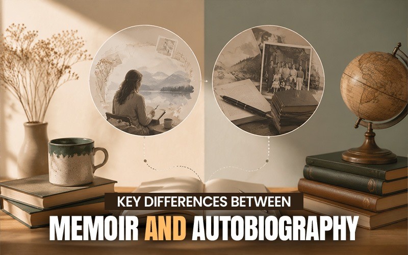 Flat lay illustration showing the key differences between memoir and autobiography, with two circular visual comparisons above an open book, surrounded by books, a coffee mug, and a globe, with bold overlay text reading “Key Differences Between Memoir and Autobiography.”