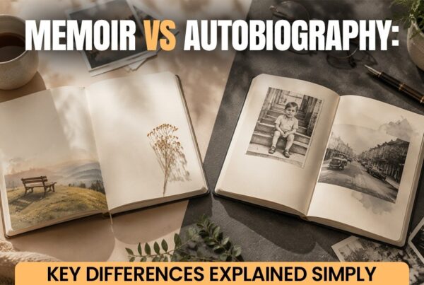 Flat lay of open books with old photographs, coffee cup, and writing tools on a desk, with bold overlay text reading “Memoir vs Autobiography: Key Differences Explained Simply.”