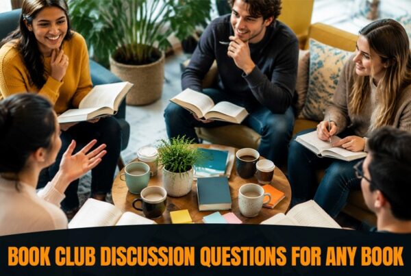 Group of people sitting together in a book club discussion, holding open books and taking notes while sharing ideas around a coffee table, with bold overlay text reading “Book Club Discussion Questions for Any Book"