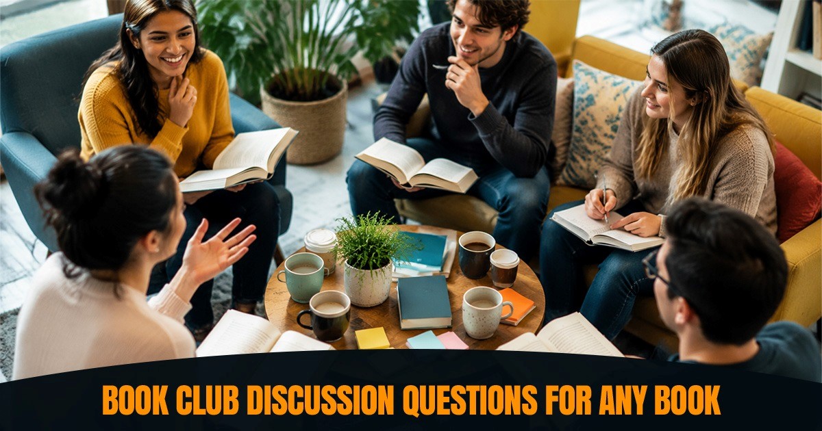 Group of people sitting together in a book club discussion, holding open books and taking notes while sharing ideas around a coffee table, with bold overlay text reading “Book Club Discussion Questions for Any Book"