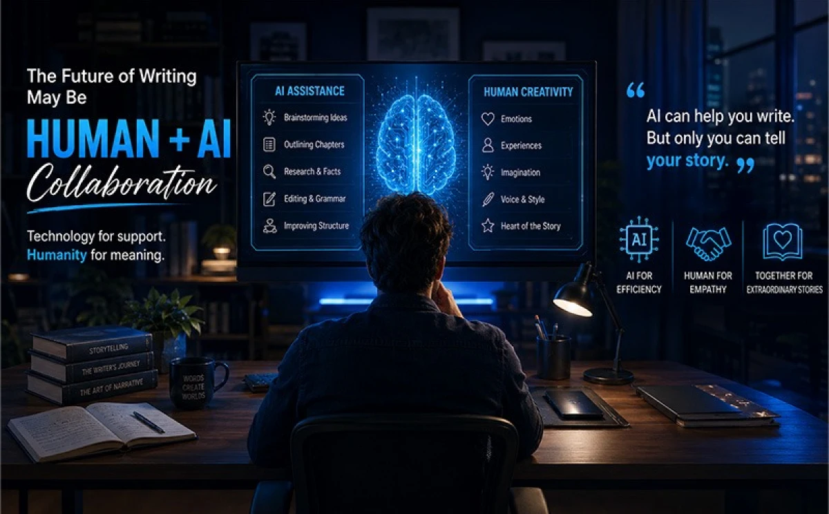 Human and AI collaboration in writing combining AI assistance with human creativity, empathy, and storytelling voice