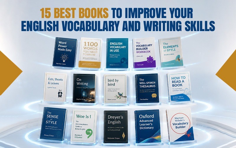 Collection of 15 recommended English vocabulary and writing skill books displayed in a clean digital layout, including titles like Word Power Made Easy, English Vocabulary in Use, and The Elements of Style, representing best books to improve English vocabulary and writing skills