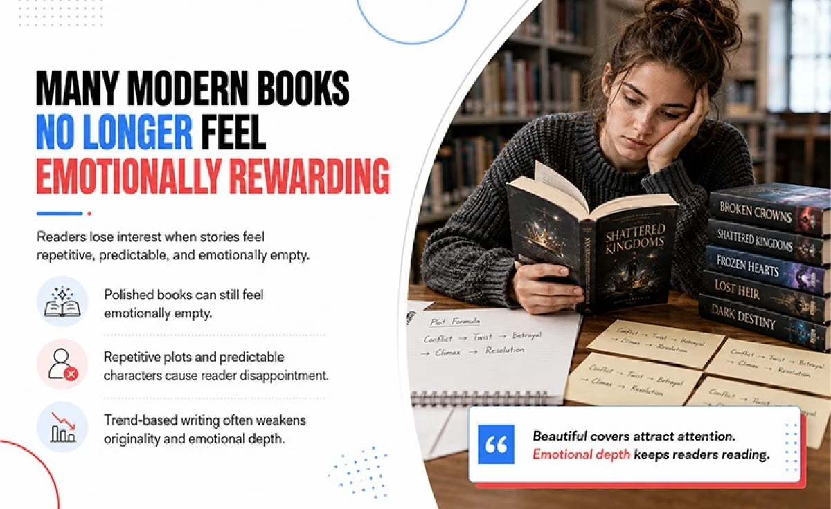 Modern books feeling less emotionally rewarding due to repetitive plots, predictable characters, and lack of emotional depth