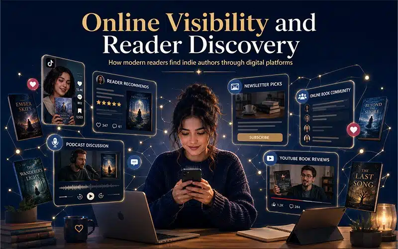 Online visibility and reader discovery showing how modern readers find indie authors through social media, book communities, newsletters, podcasts, and digital platforms