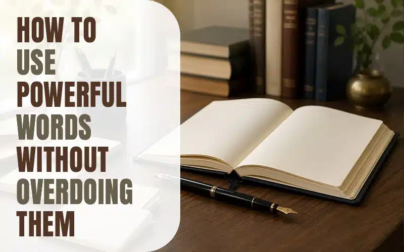 Open blank notebook with a fountain pen on a clean writing desk, featuring the heading “How to Use Powerful Words Without Overdoing Them.