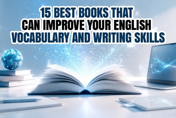 Open book with glowing digital effects symbolizing learning, placed on a modern desk with books, laptop, and study materials, representing 15 best books to improve English vocabulary and writing skills
