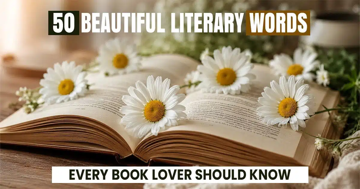 Open book decorated with white daisies, featuring the title “50 Beautiful Literary Words Every Book Lover Should Know,” symbolising the beauty of language, reading, and literary discovery.