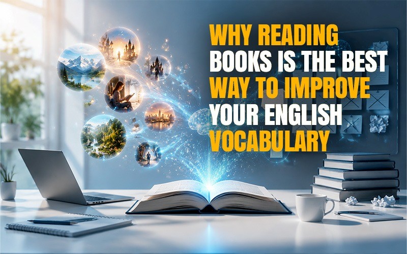 Open book emitting digital light with floating visual scenes representing imagination and learning, next to laptop and stacked books, illustrating why reading books is the best way to improve English vocabulary.
