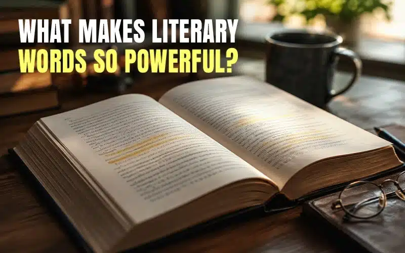 Open book on a wooden desk with highlighted text, coffee cup, glasses, and the heading “What Makes Literary Words So Powerful?” representing the emotional impact and beauty of literary vocabulary.