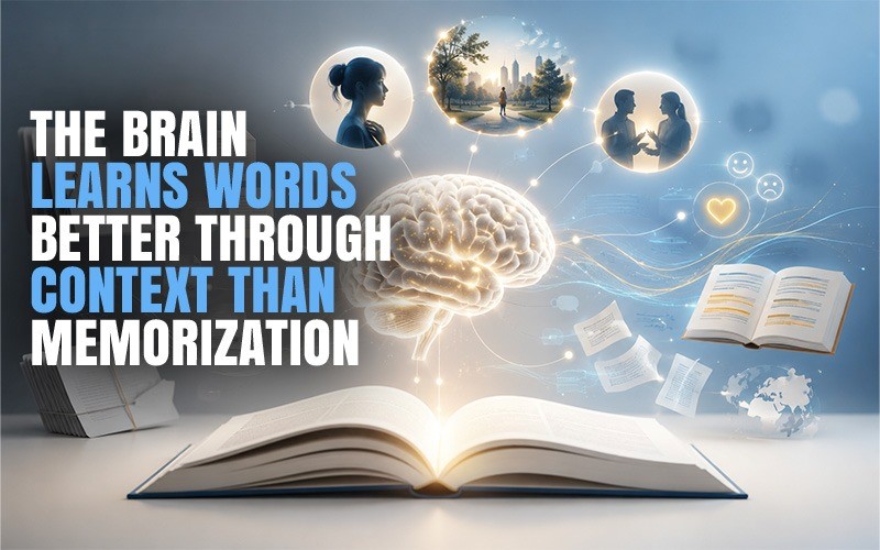 Open book with glowing brain and context-learning visuals, showing how the brain learns words better through context than memorization.
