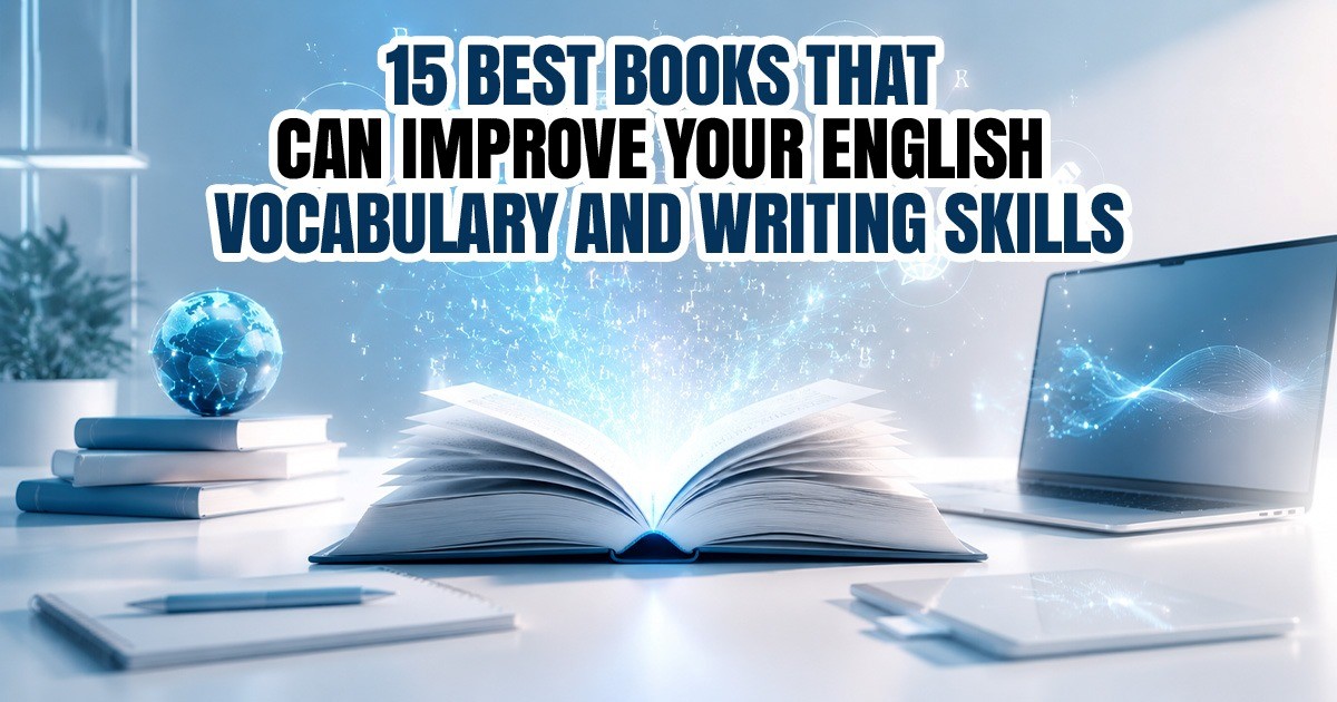 Open book with glowing digital effects symbolizing learning, placed on a modern desk with books, laptop, and study materials, representing 15 best books to improve English vocabulary and writing skills