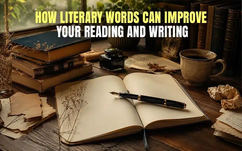 Open notebook with a fountain pen on a vintage writing desk, surrounded by books, coffee, and papers, with the heading “How Literary Words Can Improve Your Reading and Writing.
