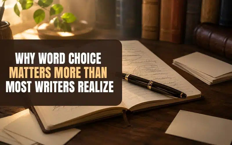 Open notebook with a fountain pen on a warm writing desk, surrounded by books and notes, featuring the heading “Why Word Choice Matters More Than Most Writers Realize.