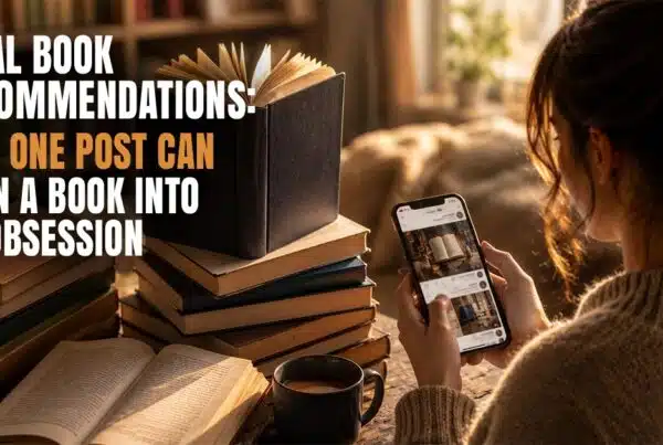 Reader browsing viral book recommendations on social media while surrounded by books, illustrating how online recommendations turn books into trending reading obsessions