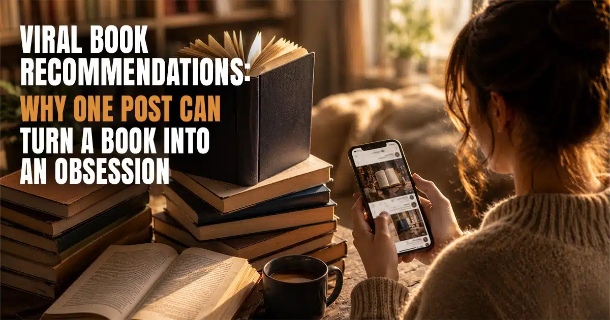 Reader browsing viral book recommendations on social media while surrounded by books, illustrating how online recommendations turn books into trending reading obsessions