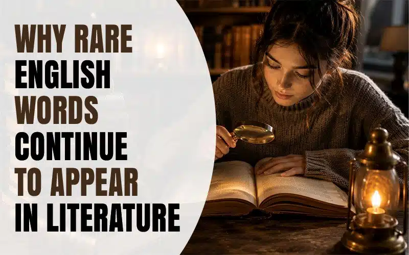 Reader examining an old book with a magnifying glass under warm lantern light, featuring the heading “Why Rare English Words Continue to Appear in Literature.